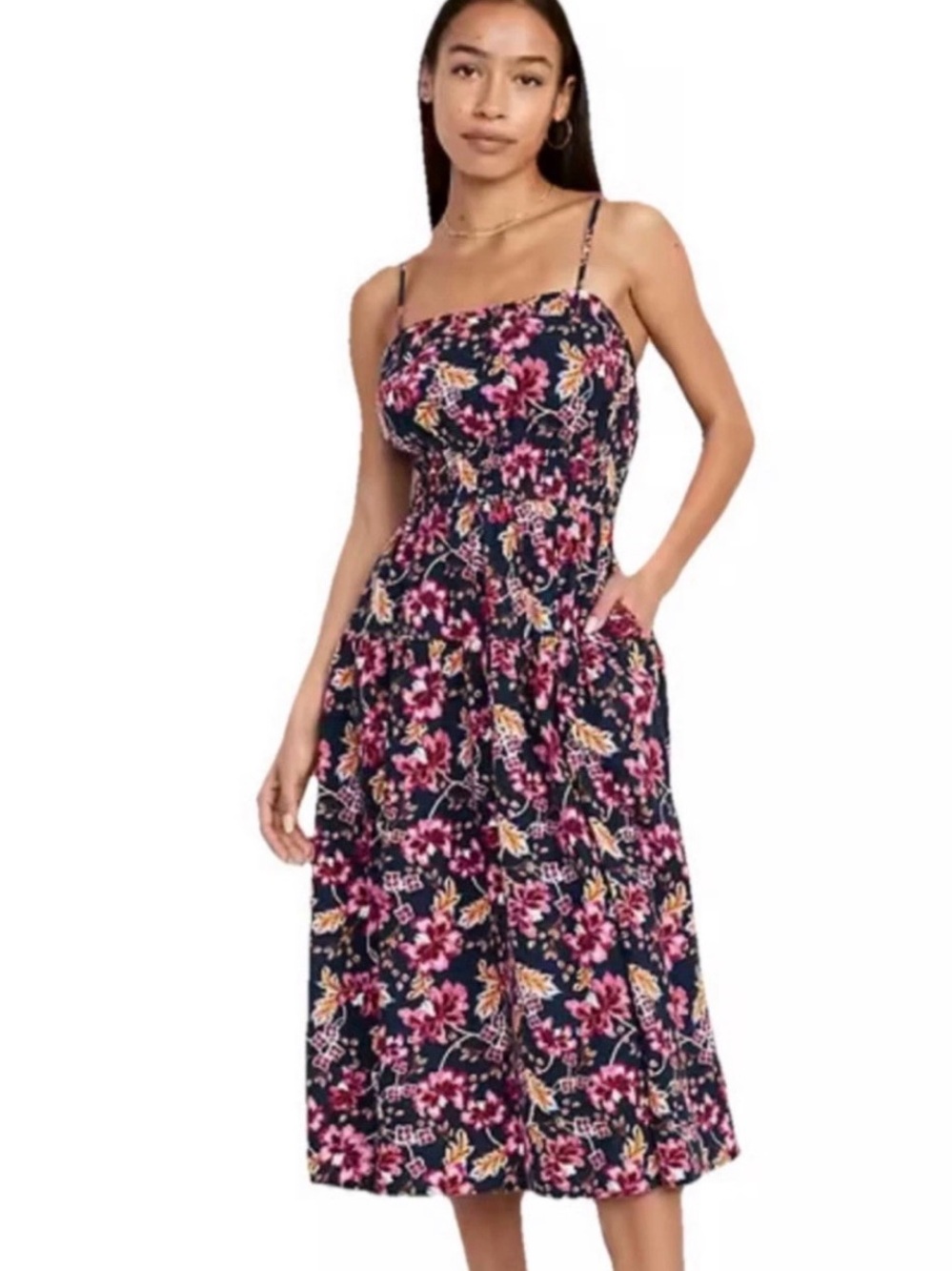Old Navy Midi Cami Dress Waist-Defined Floral Linen-Blend Smocked Medium